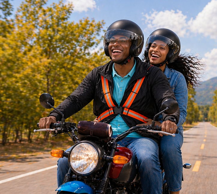 Man and woman riding motorcycle listening to podcasts